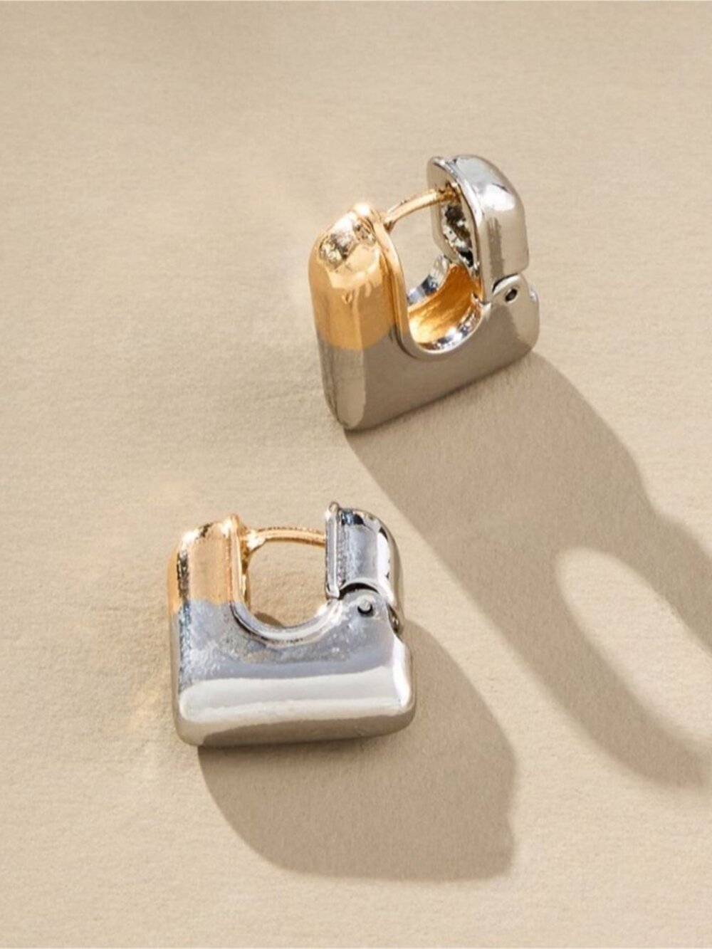 Anthropologie Gold Silver Square Huggie Earrings – Mixed Metal Geometric Hoop